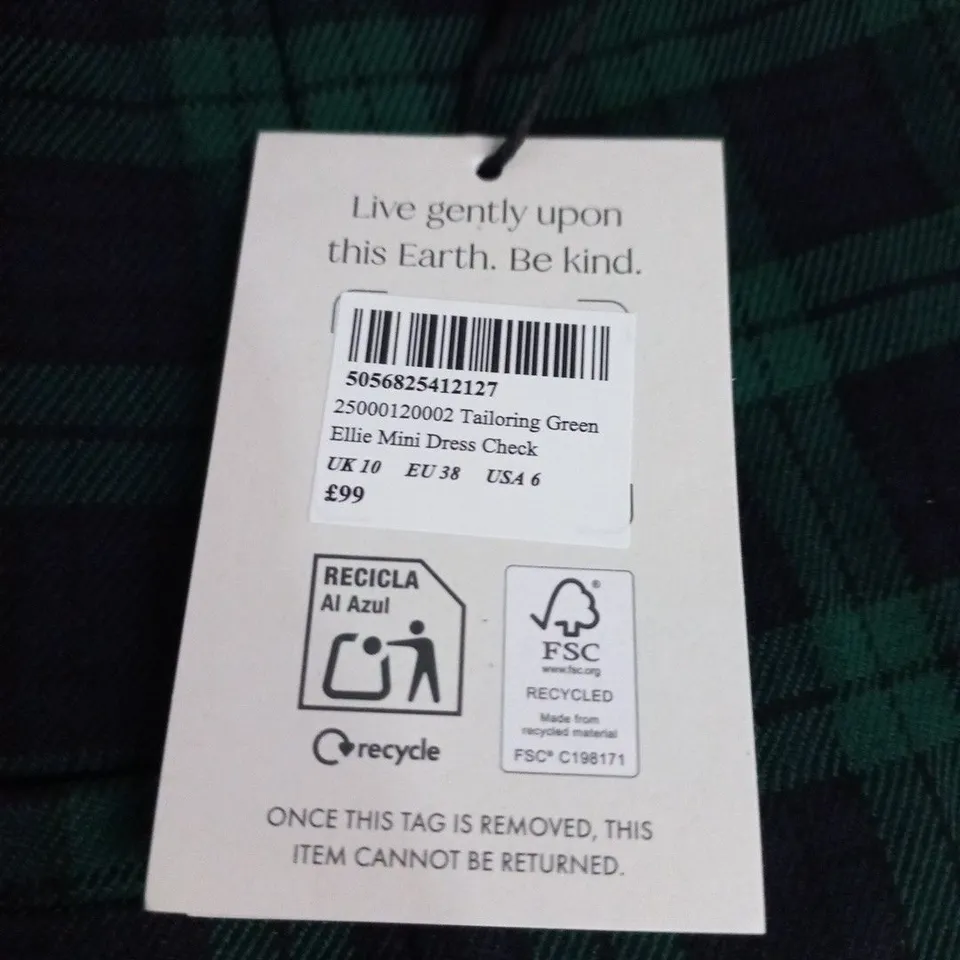 NOBODYS CHILD TAILORING GREEN ELLIE MINI DRESS IN CHECK - UK 10