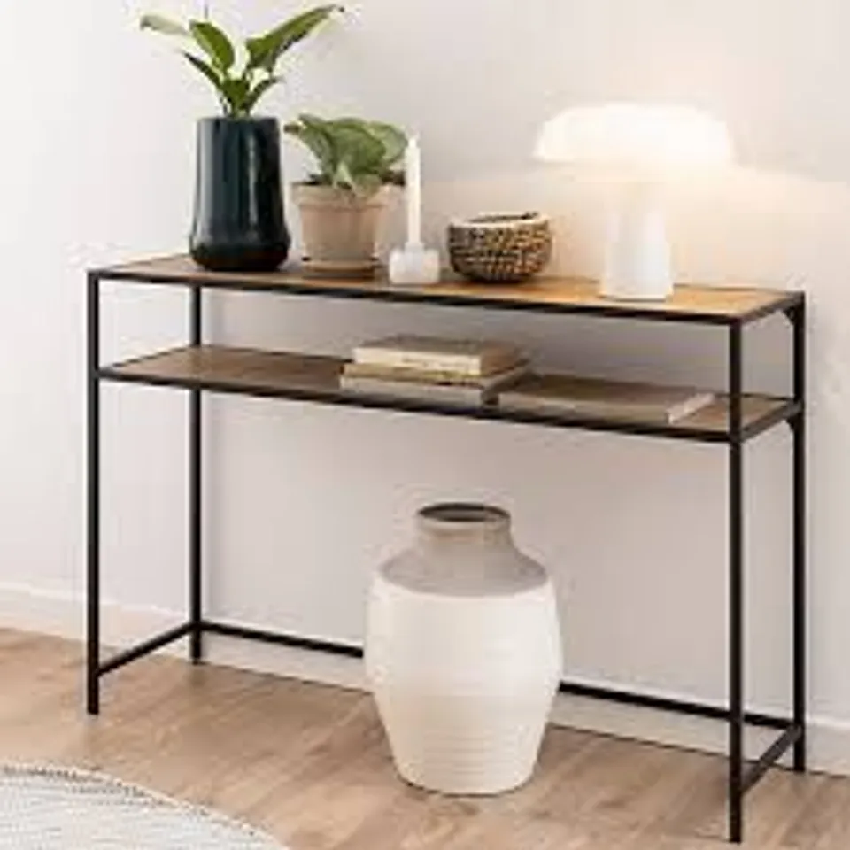 BOXED SEAFORD BLACK METAL CONSOLE TABLE WITH OAK TOP (1 BOX)