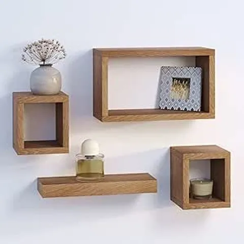 BOXED URBNLIVING HANGING WOODEN FLOATING SHELVES SET OF 4, ANTIQUE OAK
