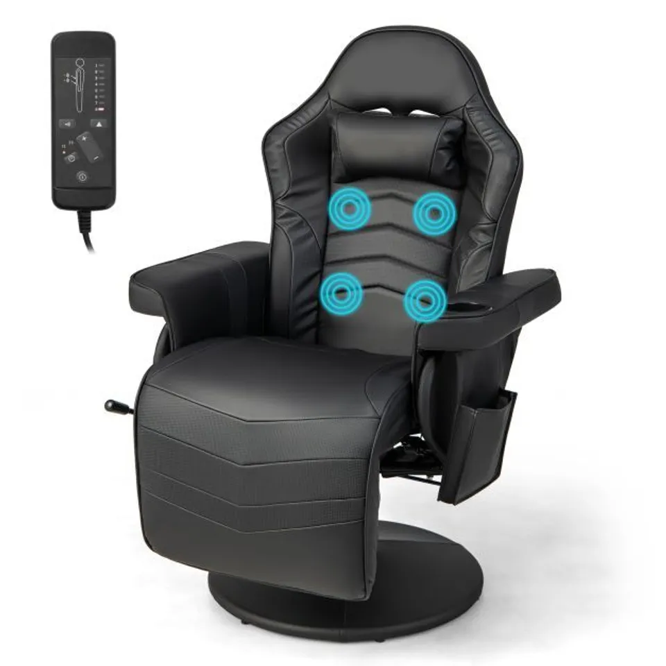 BOXED ELECTRIC MASSAGE GAMING CHAIR WITH CUP HOLDER AND SIDE POUCH - BLACK