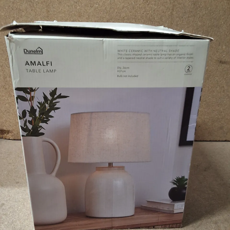 BOXED DUNELM AMALFI TABLE LAMP – WHITE CERAMIC WITH NEUTRAL SHADE