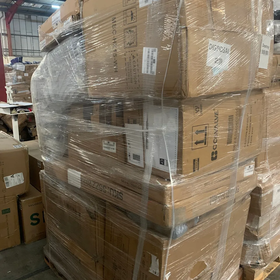PALLET OF ASSORTED ITEMS TO INCLUDE ARM CHAIRS, BOXED FURNITURE AND COSVALVE