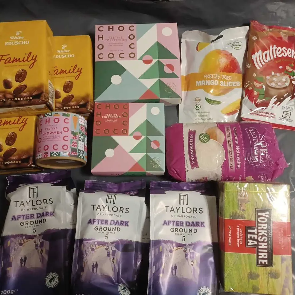 LOT OF 13 ASSORTED FOOD ITEMS TO INCLUDE TAYLORS COFFEE, CHOCOCO CHOCOLATES DRIED MANGO SLICES