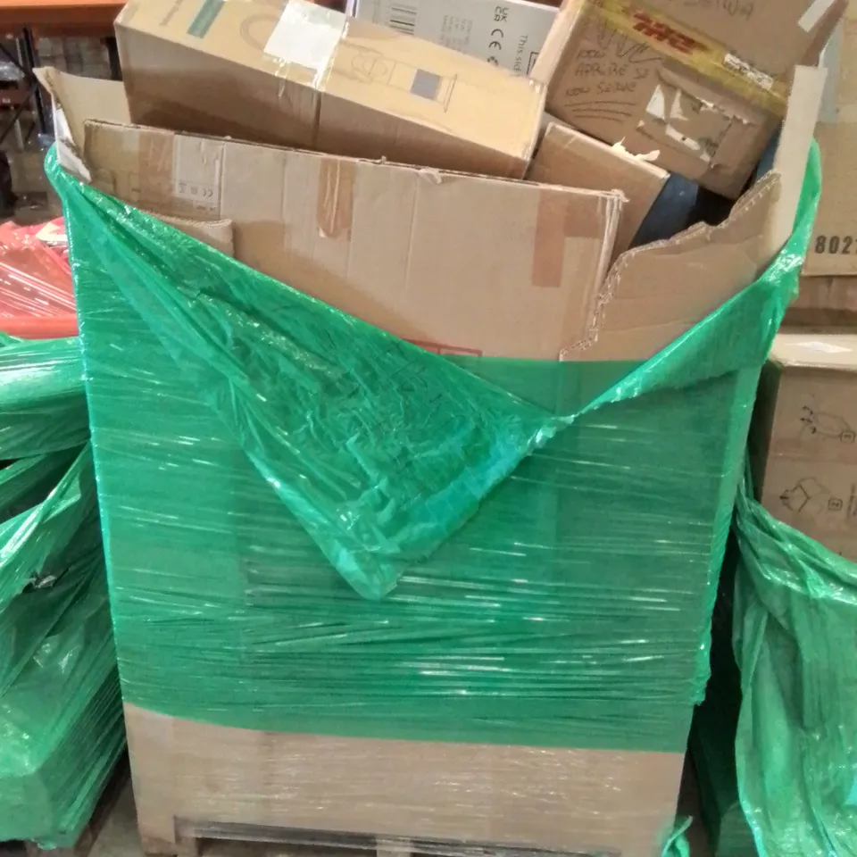 PALLET CONTAINING VARIOUS BOXED HOUSEHOLD ITEMS TO INCLUDE: DEHUMIDIFIER,  WOK PAN, OIL FILLED RADIATOR,  PANEL HEATERS, TOWER FAN AND LOTS MORE UNMARKED BOXED ITEMS.