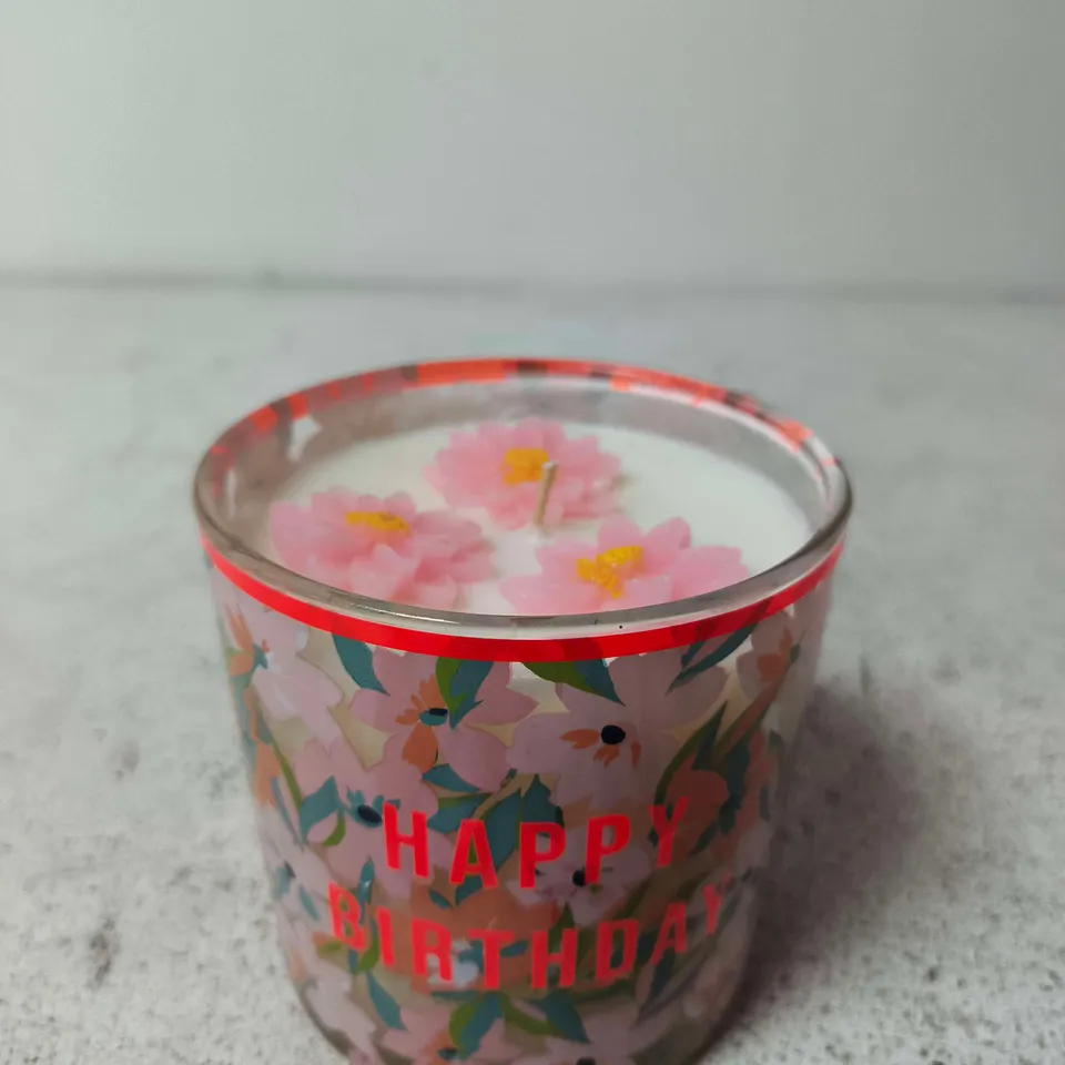 HAPPY BIRTHDAY DECORATIVE CANDLE IN GLASS HOLDER WITH PINK FLORAL DESIGN