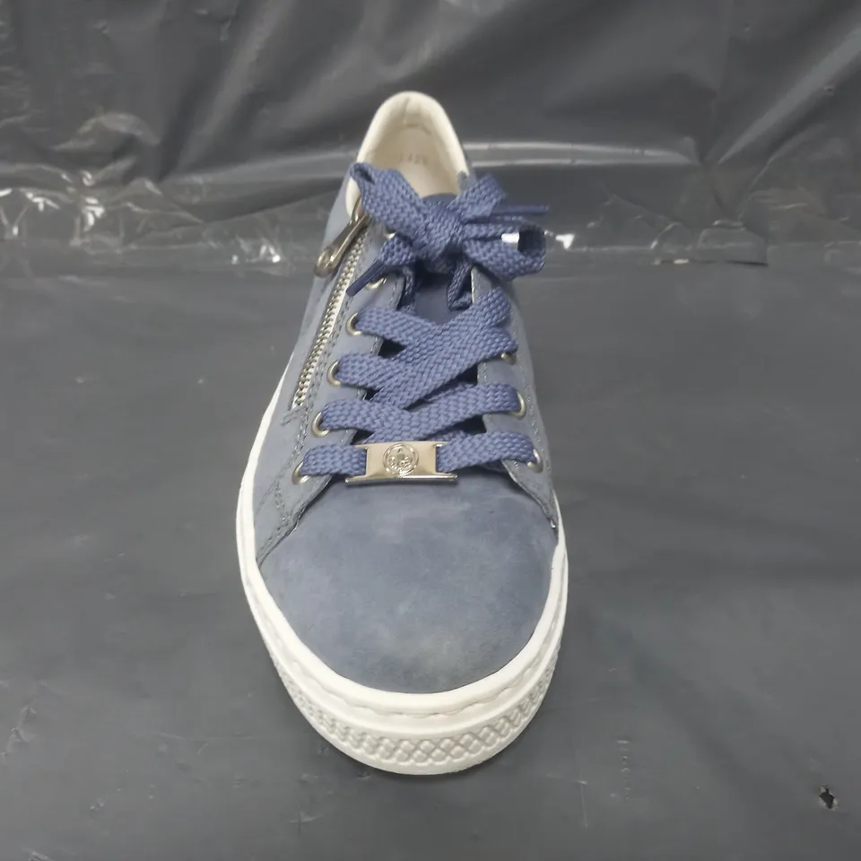 BOXED PAIR OF RIEKER SIDE-ZIP TRAINERS IN BLUE SIZE 5