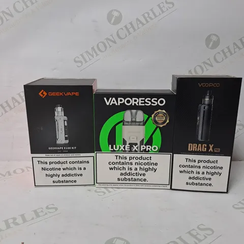 APPROXIMATELY 10 ASSORTED E-CIGARETTE PRODUCTS TO INCLUDE GEEKVAPE E100 KIT, VAPORESSO LUXE X PRO, DRAG X PRO