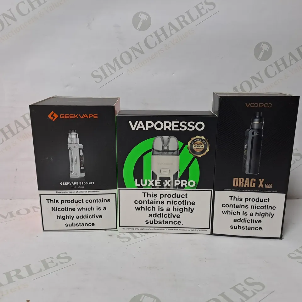 APPROXIMATELY 10 ASSORTED E-CIGARETTE PRODUCTS TO INCLUDE GEEKVAPE E100 KIT, VAPORESSO LUXE X PRO, DRAG X PRO 
