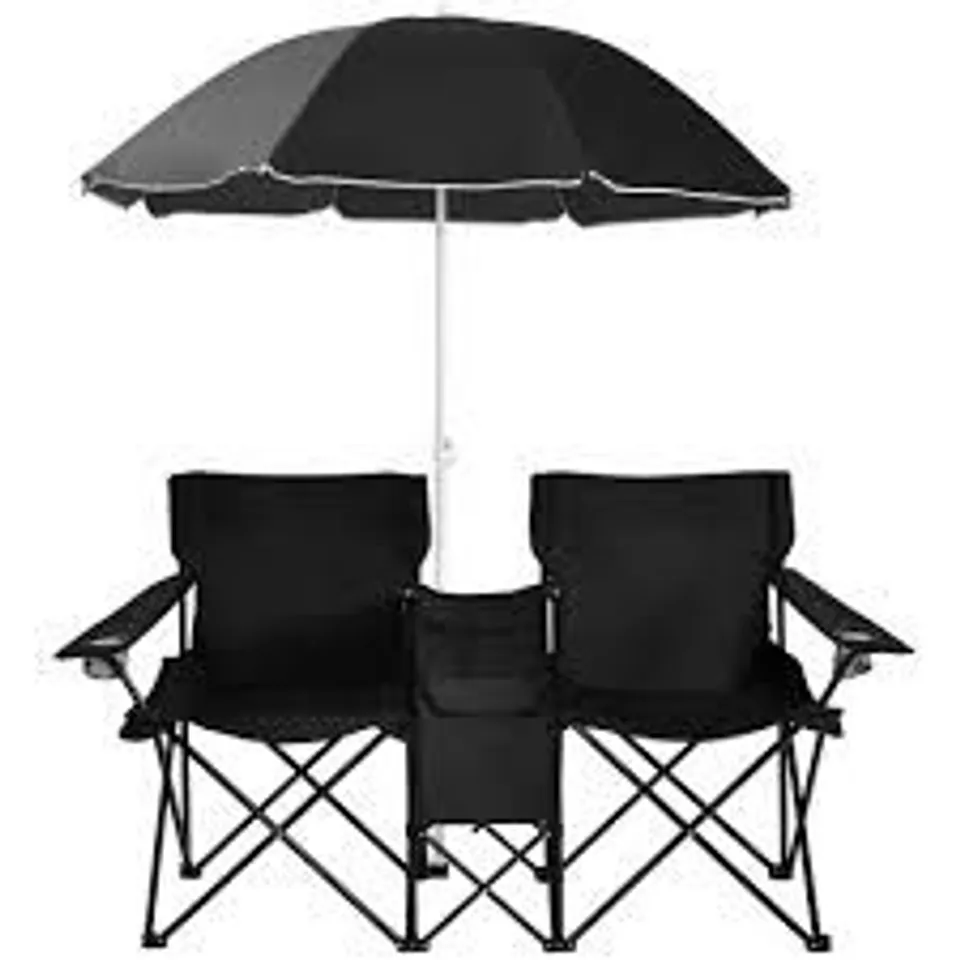 BOXED COSTWAY OUTDOOR PORTABLE DOUBLE CAMPING CHAIR FOLDING PICNIC CHAIRS W/ UMBRELLA & ICE BAG - BLACK (1 BOX)