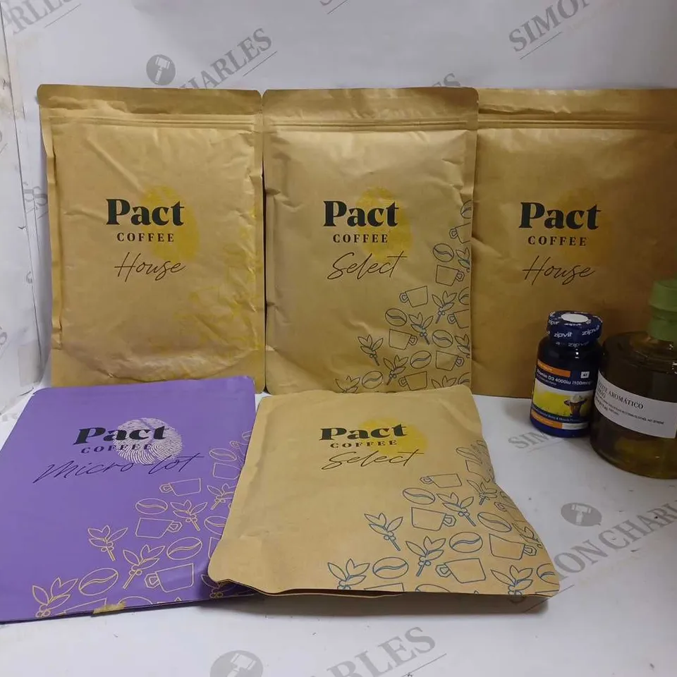 LOT OF 7 ITEMS TO INCLUDE ZIPVIT VITAMIN D 4000IU (360 MICRO TABLETS), JOSE GOURMET OLIVE OIL WITH LEMON (250G), PACT COFFEE MEDIUM ROAST COFFEE BEANS (250g), ETC