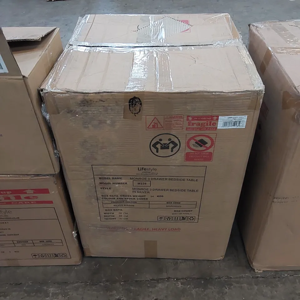 BOXED MONROE 3 DRAWER BEDSIDE TABLE (1 BOX)