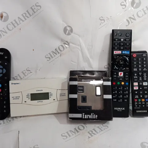 BOX OF APPROXIMATELY 6 ASSORTED ITEMS TO INCLUDE - SKY TV REMOTE - EUROLITE PLUG SOCKET - DRAYTON 1 ECT