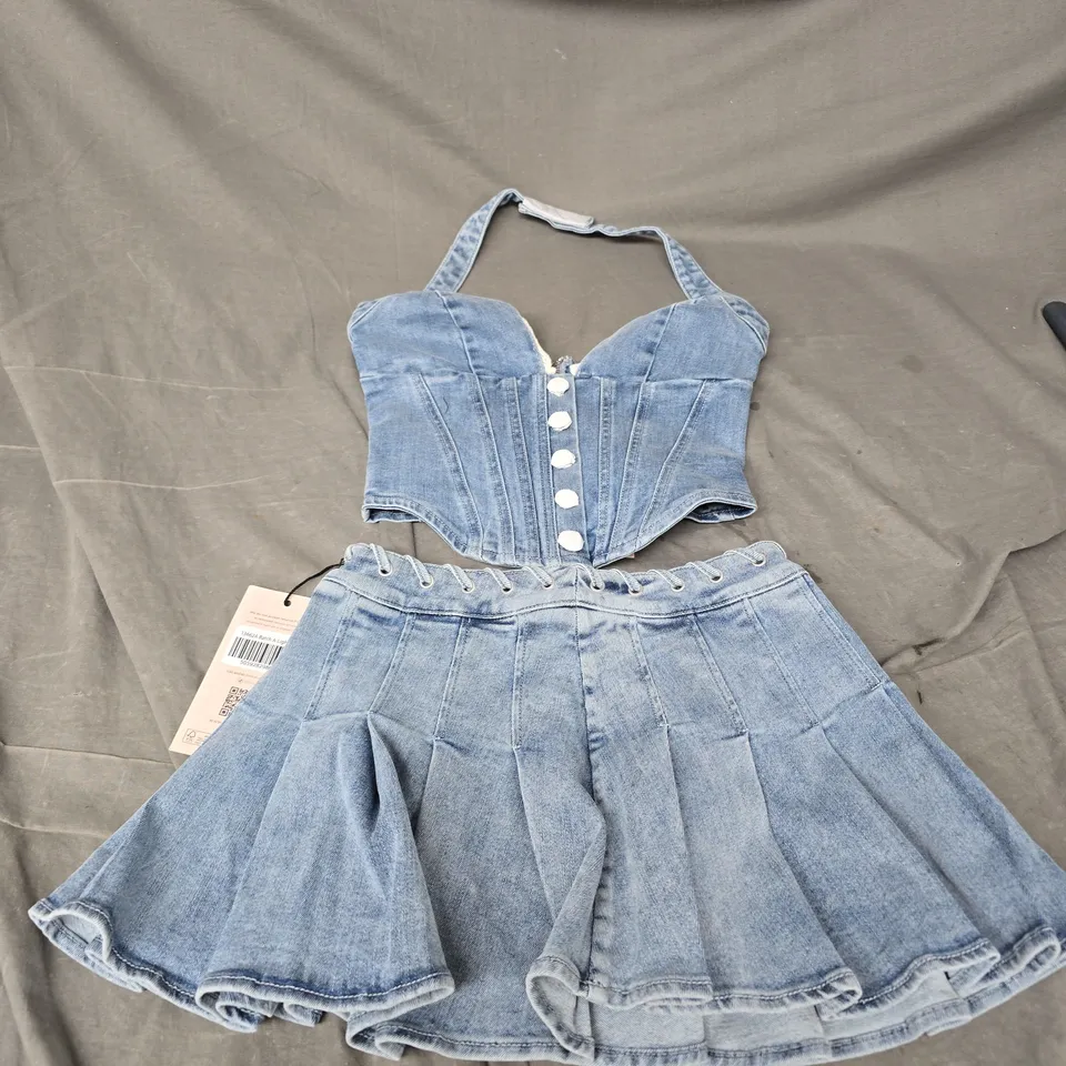 OH POLLY 2PCE HALTERNECK BUTTON UP TOP & MINI SKIRT SET IN BLUE DENIM SIZE 4