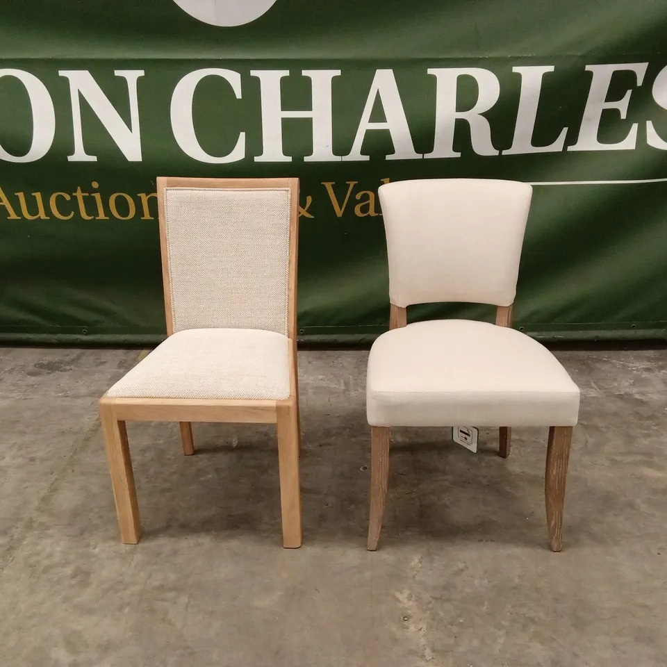 2 x DESIGNER WOOD AND FABRIC UPHOLSTERED DINING CHAIRS