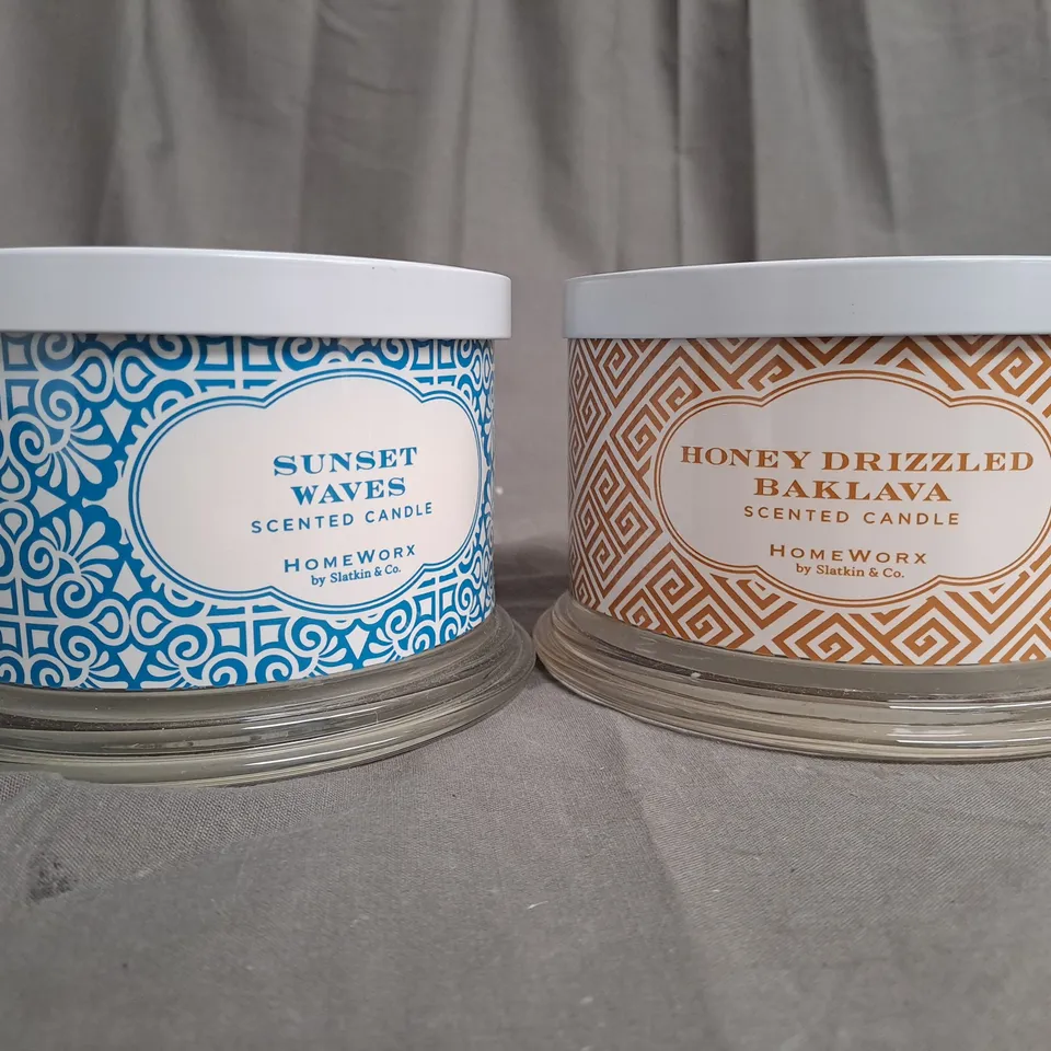 BOXED SET OF 2 SUNSET WAVES AND HONEY DRIZZLED BAKLAVA HOMEWORX SCENTED CANDLES 