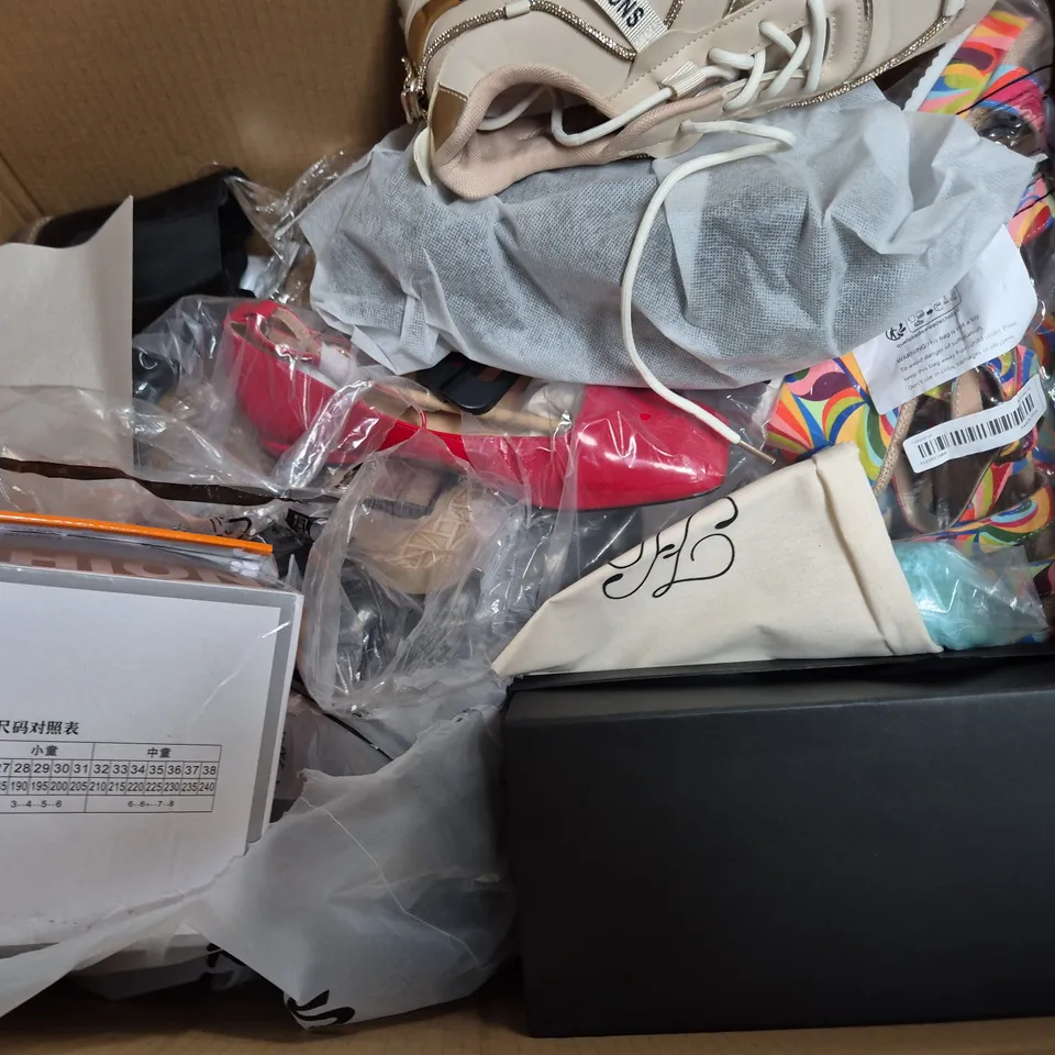 BOX OF APPROXIMATELY 15 ASSORTED SHOES TO INCLUDE BOOTS, SLIPPERS, AND TRAINERS ETC