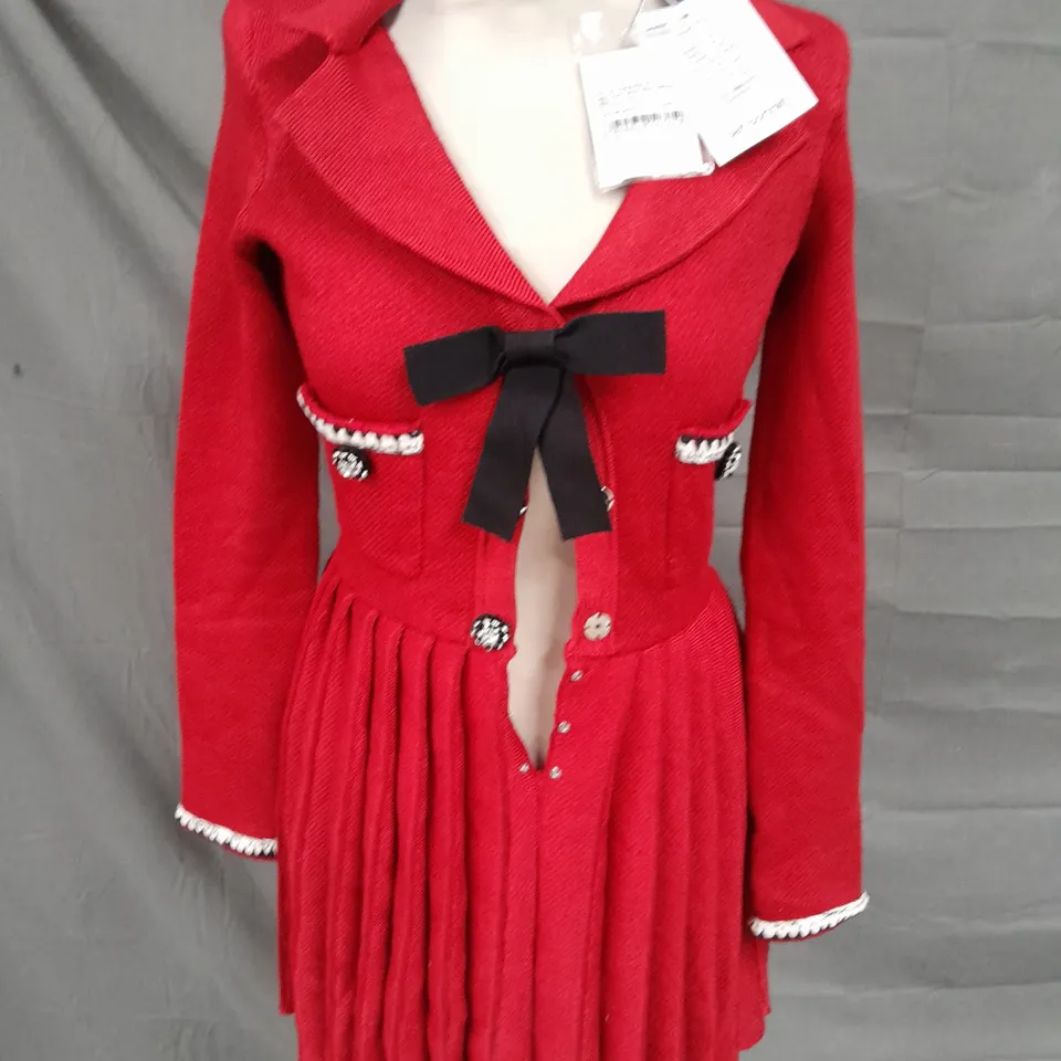 SELF PORTRAIT RED KNIT BOW MINI DRESS - S