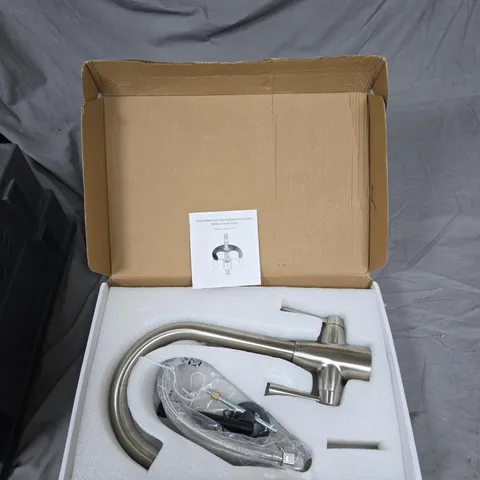 BRUSHED STAINLESS KITCHEN TAP WITH GOOSENECK SPOUT –