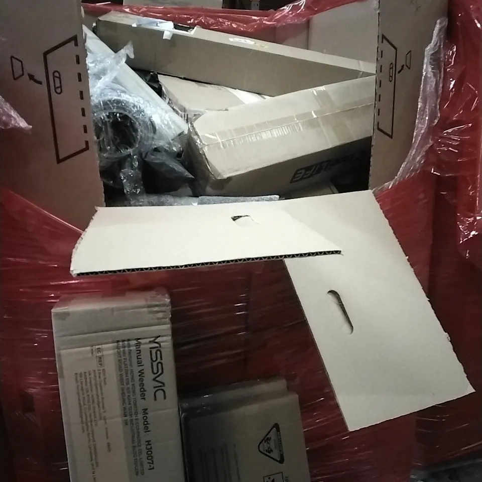 PALLET OF HOUSEHOLD ITEMS TO INCLUDE RUG,MANUAL WEEDER, BED RAIL GUARDS, ROCKET TRACK RACING, SEAT PROTECTORS AND OTHER ASSORTED ITEMS...