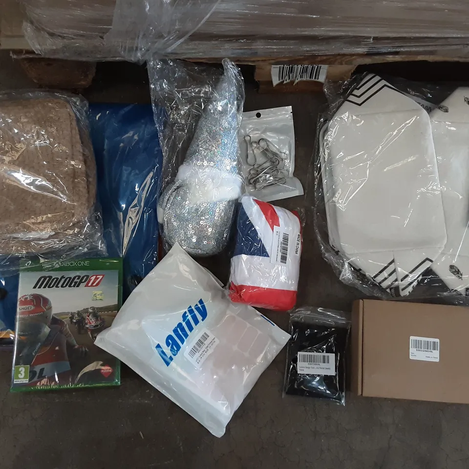 PALLET OF ASSORTED PRODUCTS TO INCLUDE LASTLY A6 NOTEBOOK, MOTOGP17 XBOX ONE, IPHONE 13 PHONE CASE, CURROXER 6 IN 1 PLIERS, SEA TEAMS, PACK OF 10 AND DOCUMENT WALLETS