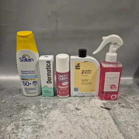 APPROXIMATELY 20 HEALTH AND BEAUTY PRODUCTS TO INCLUDE SOLTAN SUN LOTION, FFS BODY SCRUB AND SUNDAY RAIN HAIR AND BODY MIST