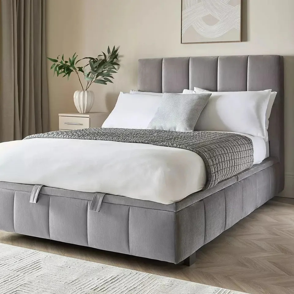 BOXED REMY END LIFT UP STORAGE OTTOMAN DOUBLE SIZE BED - GREY (6 BOXES)