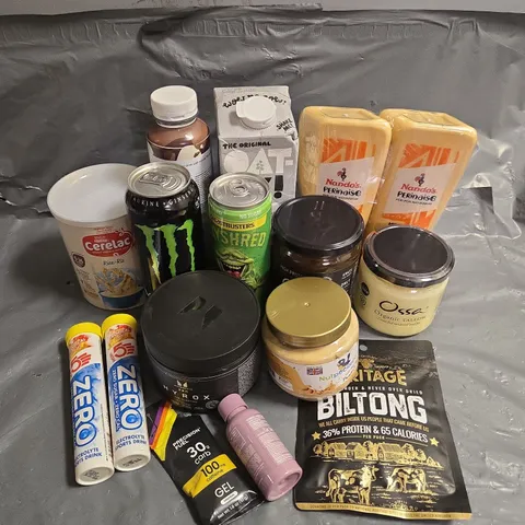 APPROXIMATELY 15 ASSORTED FOOD & DRINK ITEMS TO INCLUDE - MYPROTEIN HYROX THE ELECTRO - OSSA ORGANIC BEEF BONE BROTH - HIGH 5 ELECTROLYTE SPORTS DRINK - ETC