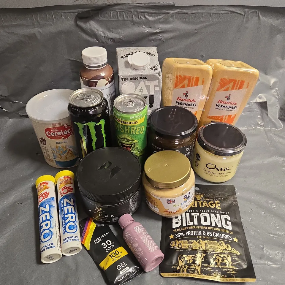 APPROXIMATELY 15 ASSORTED FOOD & DRINK ITEMS TO INCLUDE - MYPROTEIN HYROX THE ELECTRO - OSSA ORGANIC BEEF BONE BROTH - HIGH 5 ELECTROLYTE SPORTS DRINK - ETC