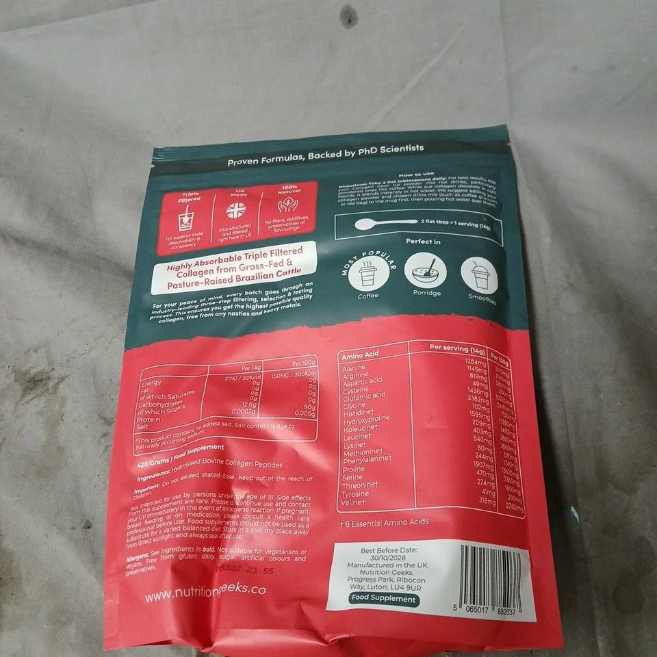 NUTRITION GEEKS COLLAGEN GLOW UP – HYDROLYSED BRAZILIAN BOVINE COLLAGEN PEPTIDES POWDER, 420G (MADE IN THE UK)