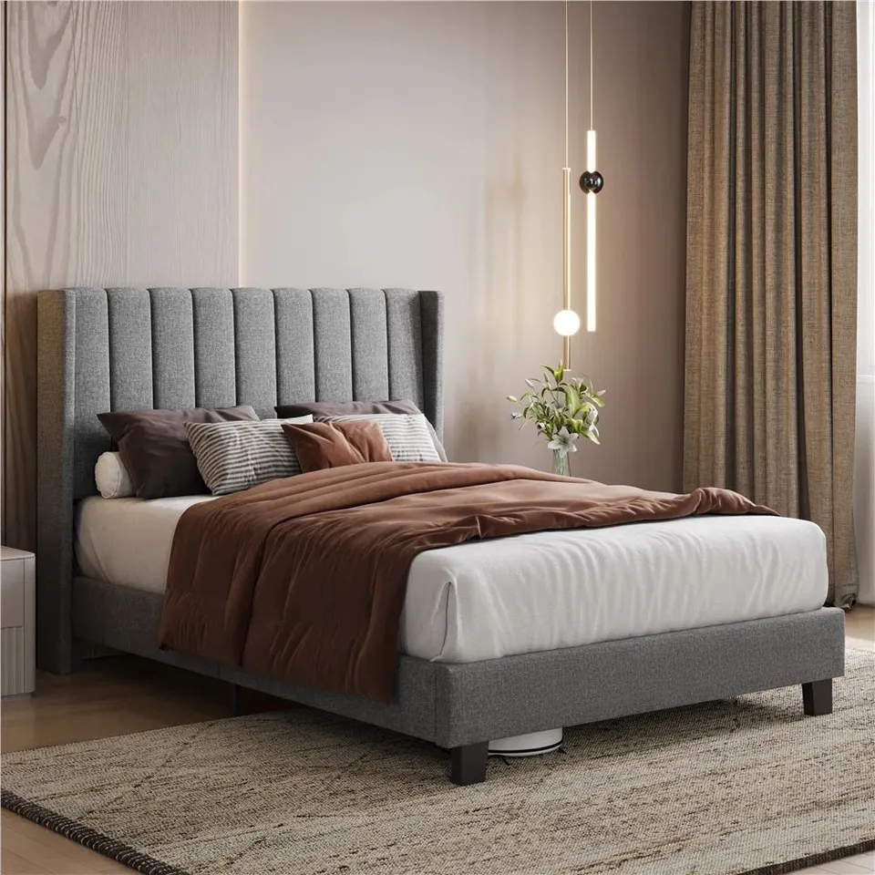 BOXED UPHOLSTERED BED FRAME WITH CHANNEL TUFTED HEADBOARD - GREY (2 BOXES)