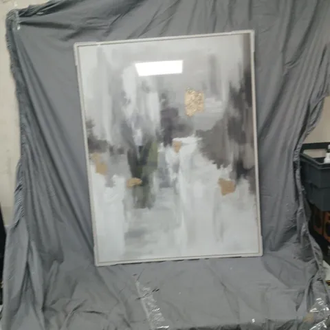 ABSTRACT GREY CANVAS WITH GOLD LEAF – FRAMED, 76 X 100 CM