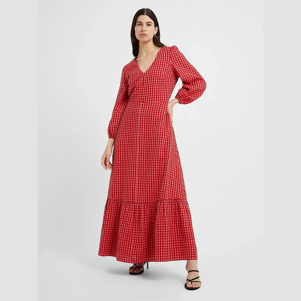 BAGGED GREAT PLAINS TUNIS CHECK V NECK DRESS IN CRIMSON/HOT CORAL - 8
