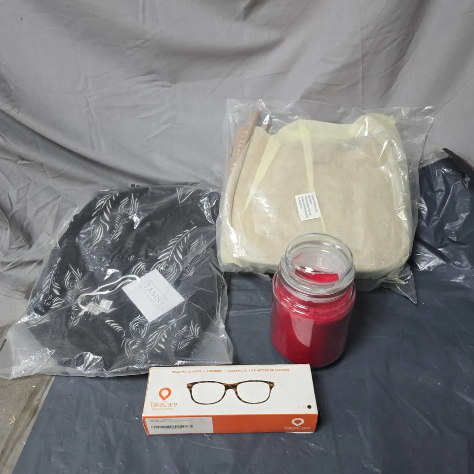 BOX OF APPROXIMATELY 15 ASSORTED HOUSEHOLD ITEMS TO INCLUDE HANDBAG, LADIES TOP, CANDLE, READING GLASSES ETC