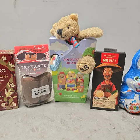 APPROXIMATELY 14 ASSORTED FOOD ITEMS TO INCLUDE - DARK CHOCOLATE , KINDER SUPRISE , PUKKA VANILLA CHAI ETC
