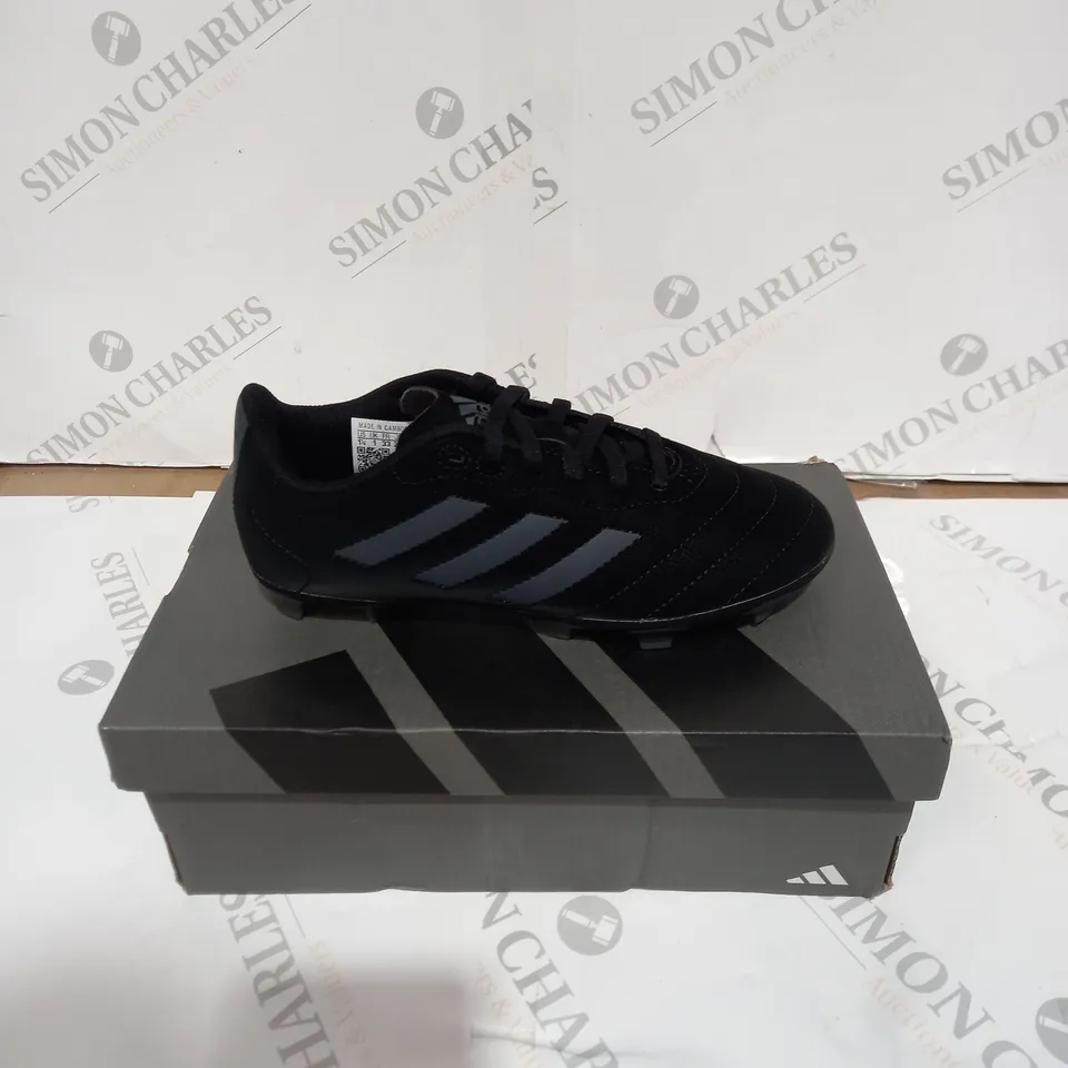 BOXED PAIR OF ADIDAS GOLETTO FIRM GROUND FOOTBALL BOOTS - BLACK, SIZE CHILDREN'S 1 