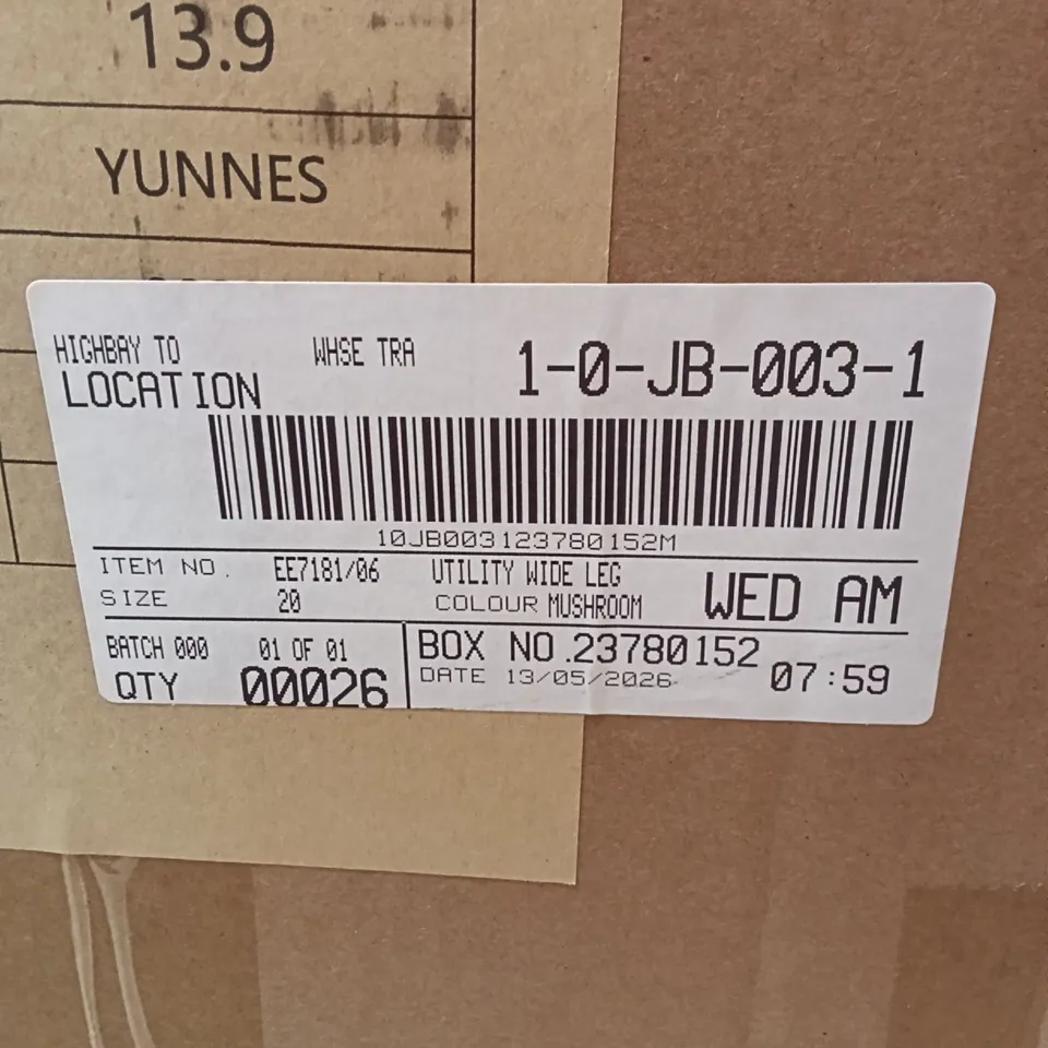 BOXED BRAND NEW APPROXIMATELY 26 JD WILLIAMS UTILITY WIDE LEG, MUSHROOM, SIZE 20 (1 BOX)