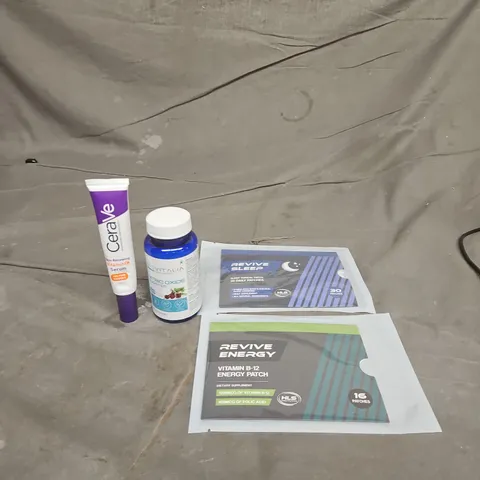 BOX OF APPROXIMATELY 20 ASSORTED HEALTHCARE PRODUCTS TO INCLUDE REVIVE PATCHES - CERAVE SERUM AND MULTI-VITAMINS