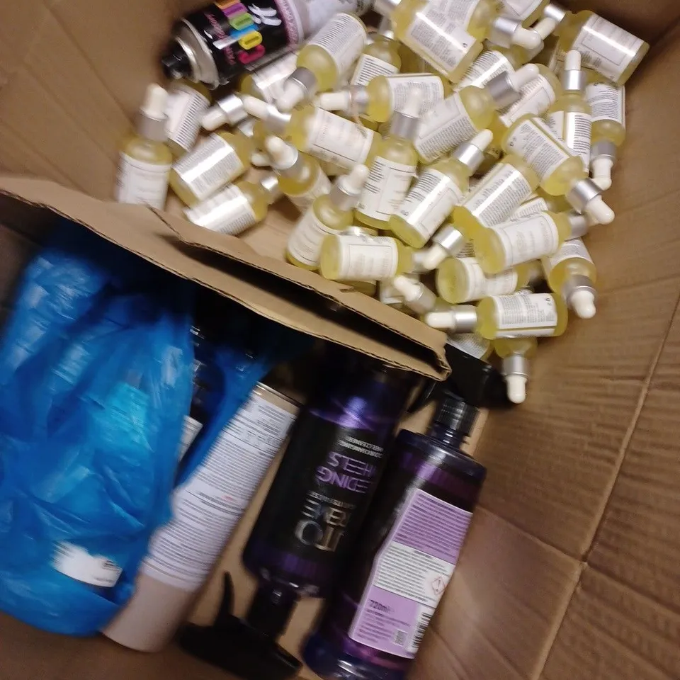 BOX OF ASSORTED ITEMS TO INCLUDE NIGHT ELIXIR OIL, BEARD SHAMPOO, FLOWER BOOK ETC