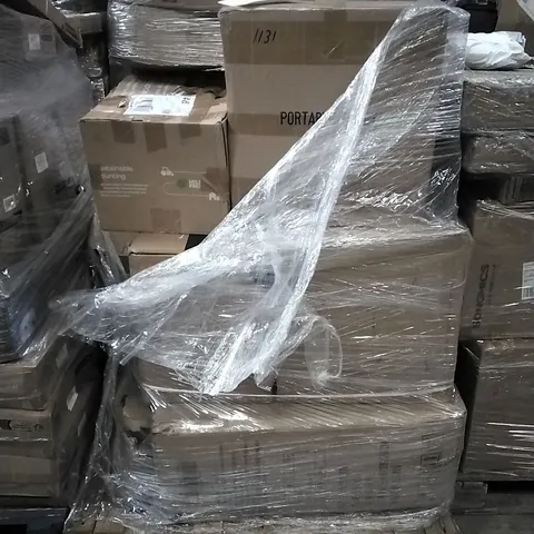 PALLET OF HOUSEHOLD ITEMS TO INCLUDE PORTABLE TOILET, MINI CAMPING TRIPOD, CHAIR AND OTHER ASSORTED ITEMS...