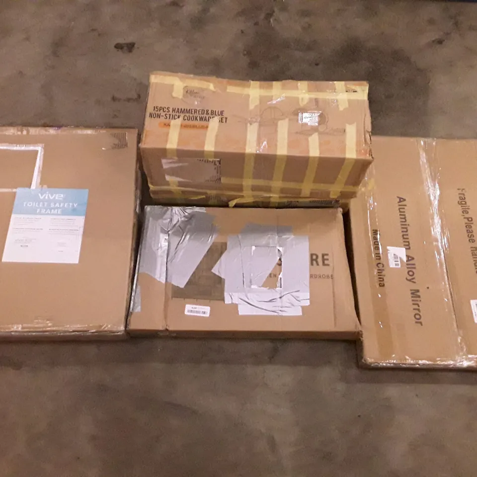 PALLET OF ASSORTED PRODUCTS INCLUDING ALUMINIUM ALLOY MIRROR, COOKWARE SET, ACCSTORE NON-WOVEN FABRIC WARDROBE, TOILET SAFETY FRAME, KOOLLA ELETRIC OVEN 