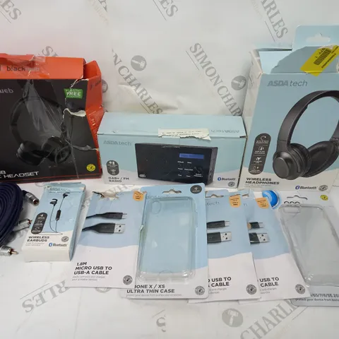 BOX OF APPROXIMATELY 20 ASSORTED ELECTRICAL PRODUCTS TO INCLUDE HEADPHONES, PHONE CASES, CHARGING CABLES ETC