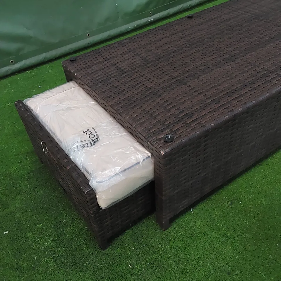 DESIGNER CHOCOLATE MIX RATTAN COFFEE TABLE WITH UNDERSIDE FOOTSTOOLS - MISSING GLASS TOP