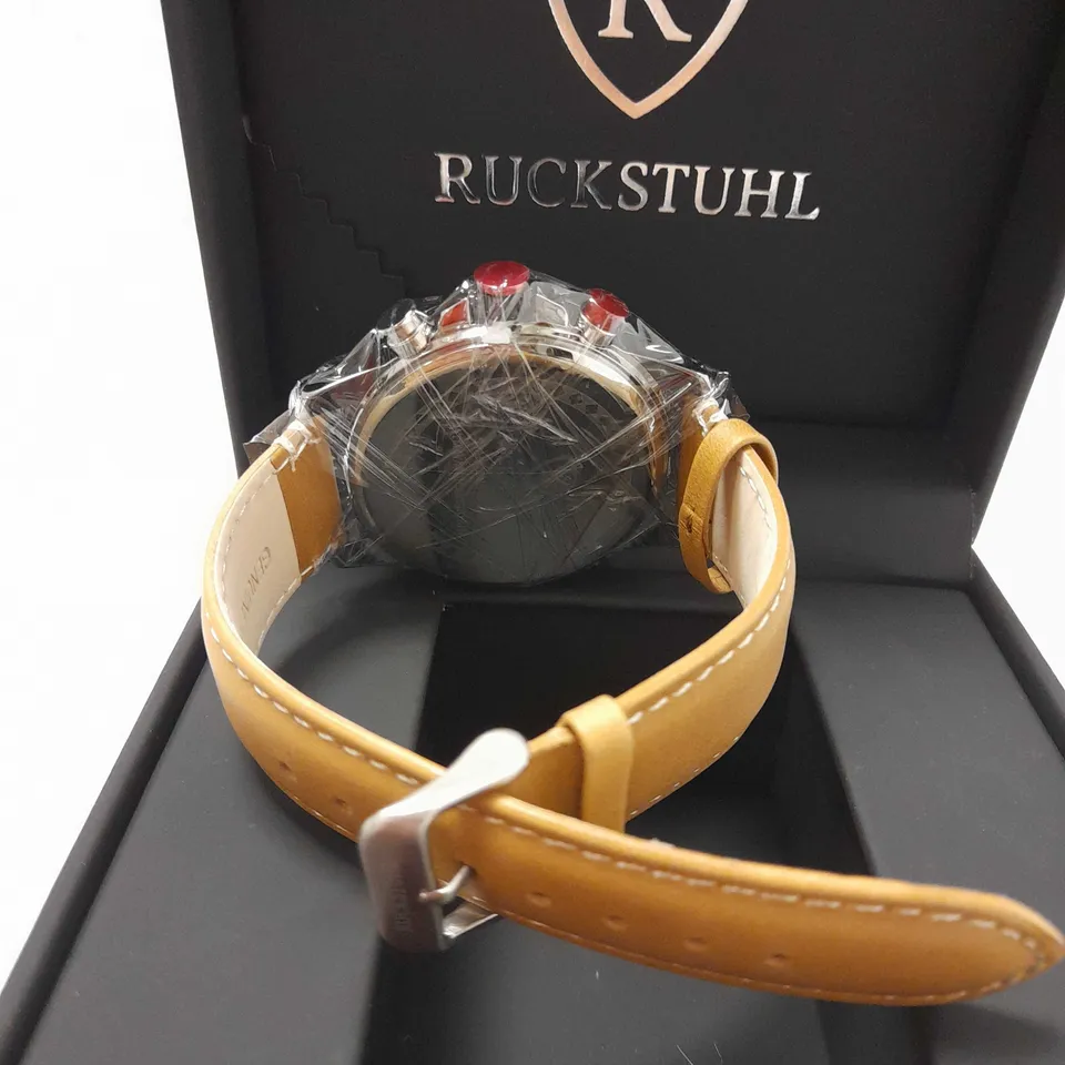 RUCKSTUHL TRIPLE DIAL BROWN LEATHER STRAP WRISTWATCH