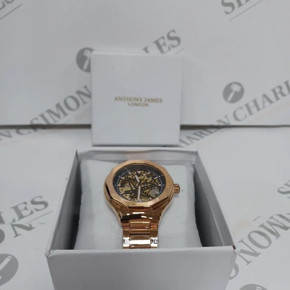 BOXED ANTHONY JAMES GENTS SPORTS SKELETON WATCH WITH STAINLESS STEEL BRACELET WATER RESISTANT