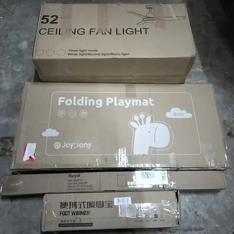 PALLET OF HOUSEHOLD ITEMS TO INCLUDE CEILING FAN LIGHT, FOLDING PLAYMAT,CHAIR MAT,FOOT WARMER AND OTHER ASSORTED ITEMS...