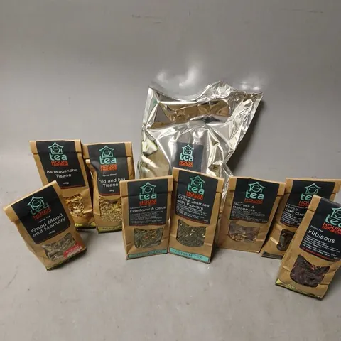 APPROXIMATELY 9 ASSORTED TEA HOUSE EMPORIUM PRODUCTS TO INCLUDE HIBISCUS HEARBAL TEA (100g), TROPICAL FRUIT TEA (500g), CHINESE GREEN TEA (100g), ETC