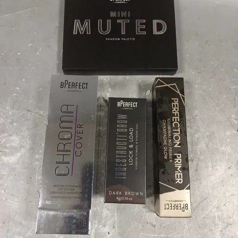 BPERFECT LOT OF 4 ASSORTED COSMETIC PRODUCTS TO INCLUDE - MINI MUTED SHADOW PALETTE - CHROMA COVER SOFT FILTER FOUNDATION IN W2 - CHAMPAGNE GLOW ILLUMINATING PRIMER - ETC