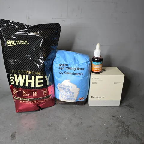APPROXIMATELY 8 ASSORTED FOOD ITEMS TO INCLUDE - SELF RISING FLOUR ,MYPROTEIN DROPS PEACH FLAVOUR , PURESPORT CREATINE ETC