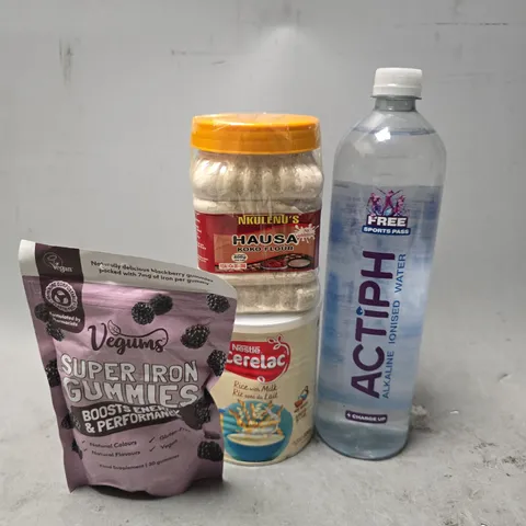 APPROXIMATELY 7 ASSORTED FOOD & DRINK ITEMS TO INCLUDE - SUPER IRON GUMMIES ,  ACTIPH IONISED WATER , KOKO FLOUR ETC