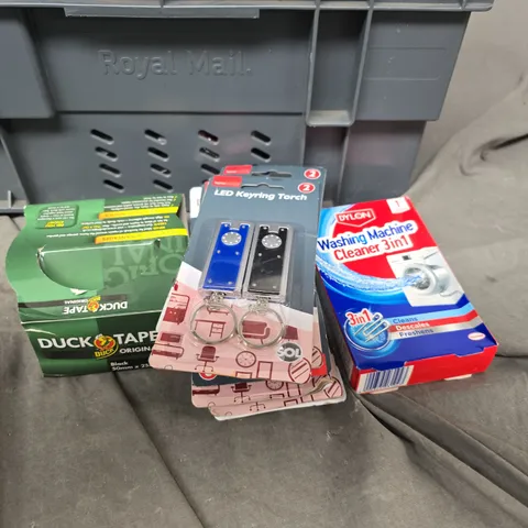 BOX OF ASSORTED ITEMS TO INCLUDE - TORCH KEYRINGS - DUCK TAPE - WASHING MACHINE  CLEANER  